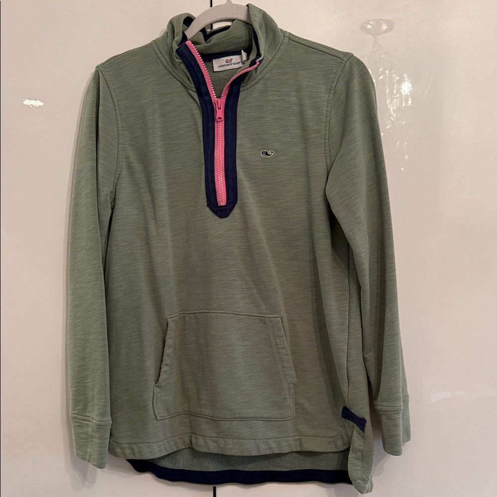 Vineyard Vines Olive Pullover with Pink Zip and Navy Trim